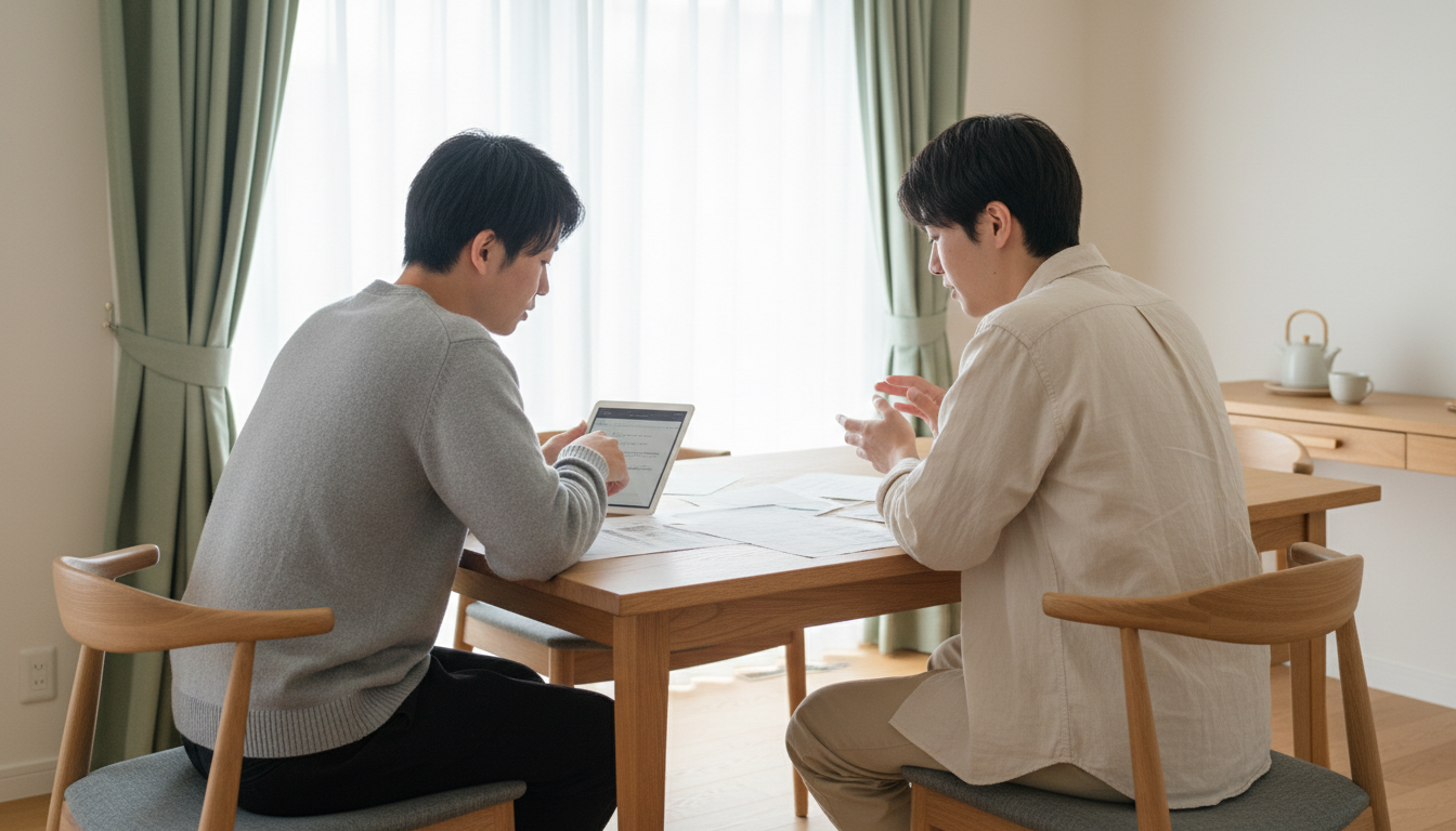 自宅のテーブルで、書類を見ながら相談しているイメージ