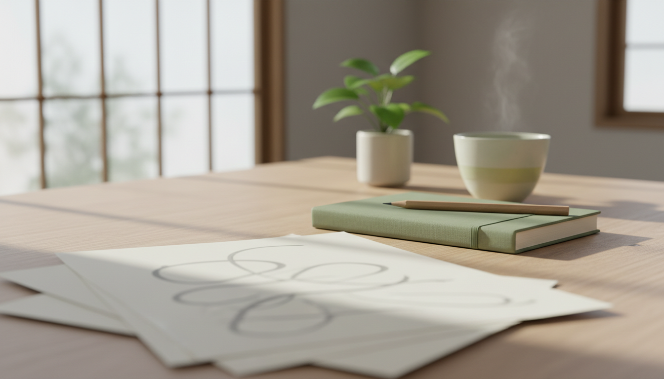 木の机に書類と鉛筆、緑のノート、お茶を置いたイメージ